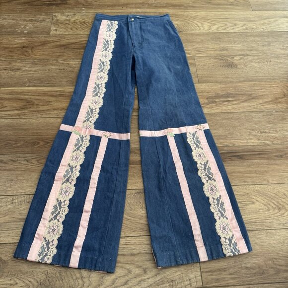 Vintage 70s Petit Fors Floral Lace Flared Jeans - Picture 1 of 12
